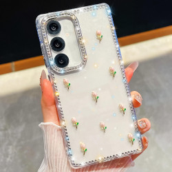 For Samsung Galaxy S24+ 5G Rhinestone Glitter 3D Tulip Four-Corner Shockproof Phone Case(Transparent)