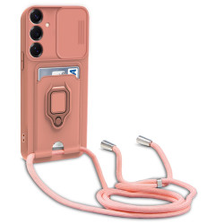 For Samsung Galaxy S24+ 5G Sliding Camshield Magnetic Card Holder Silicone Phone Case with Lanyard(Pink)