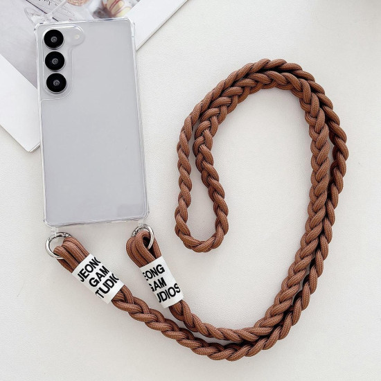 For Samsung Galaxy S23+ 5G Transparent Acrylic Shockproof Phone Case with Crossbody Lanyard(Brown)