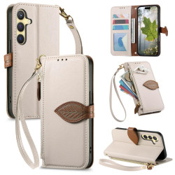 For Samsung Galaxy S24+ 5G Leaf Buckle Zipper Wallet Leather Phone Case with Strap(Beige)