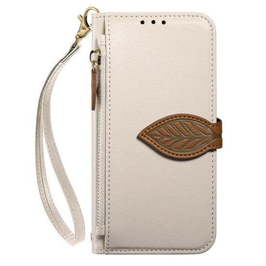 For Samsung Galaxy S24+ 5G Leaf Buckle Zipper Wallet Leather Phone Case with Strap(Beige)