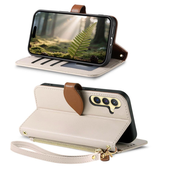 For Samsung Galaxy S24+ 5G Leaf Buckle Zipper Wallet Leather Phone Case with Strap(Beige)