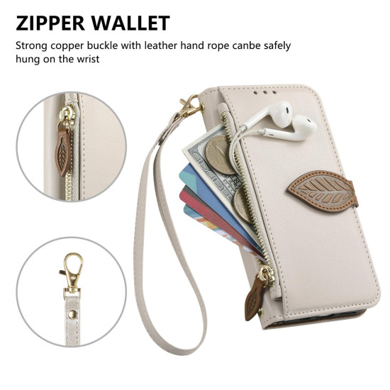 For Samsung Galaxy S24+ 5G Leaf Buckle Zipper Wallet Leather Phone Case with Strap(Beige)