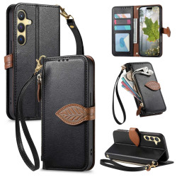 For Samsung Galaxy S24+ 5G Leaf Buckle Zipper Wallet Leather Phone Case with Strap(Black)
