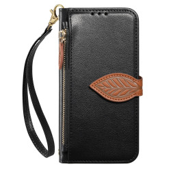 For Samsung Galaxy S24+ 5G Leaf Buckle Zipper Wallet Leather Phone Case with Strap(Black)