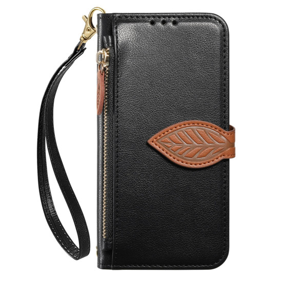 For Samsung Galaxy S24+ 5G Leaf Buckle Zipper Wallet Leather Phone Case with Strap(Black)