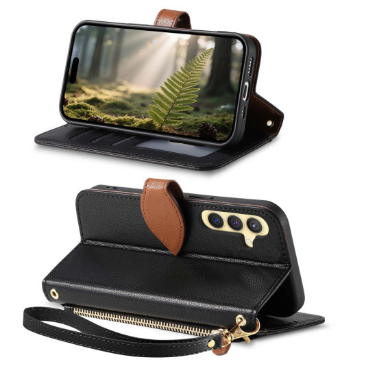 For Samsung Galaxy S24+ 5G Leaf Buckle Zipper Wallet Leather Phone Case with Strap(Black)