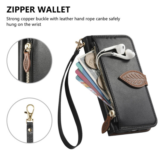 For Samsung Galaxy S24+ 5G Leaf Buckle Zipper Wallet Leather Phone Case with Strap(Black)