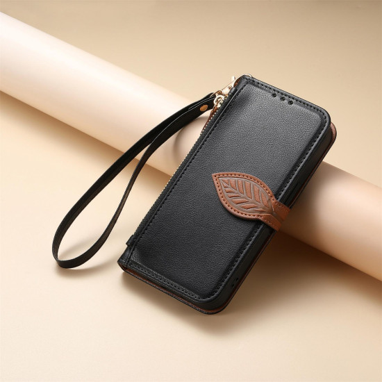 For Samsung Galaxy S24+ 5G Leaf Buckle Zipper Wallet Leather Phone Case with Strap(Black)