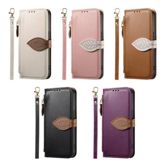 For Samsung Galaxy S24+ 5G Leaf Buckle Zipper Wallet Leather Phone Case with Strap(Black)