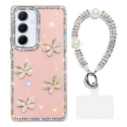 For Samsung Galaxy S24+ 5G Rhinestone Glitter 3D Butterfly Hand Chain Four-Corner Shockproof Phone Case(Light Pink)