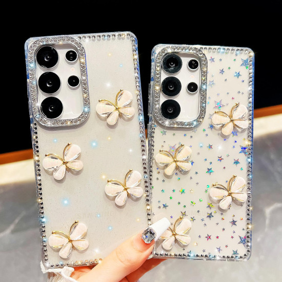 For Samsung Galaxy S24+ 5G Rhinestone Glitter 3D Butterfly Hand Chain Four-Corner Shockproof Phone Case(Light Pink)