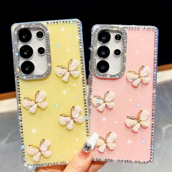 For Samsung Galaxy S24+ 5G Rhinestone Glitter 3D Butterfly Hand Chain Four-Corner Shockproof Phone Case(Light Pink)