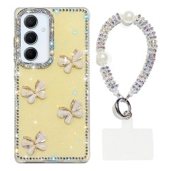 For Samsung Galaxy S24+ 5G Rhinestone Glitter 3D Butterfly Hand Chain Four-Corner Shockproof Phone Case(Light Yellow)