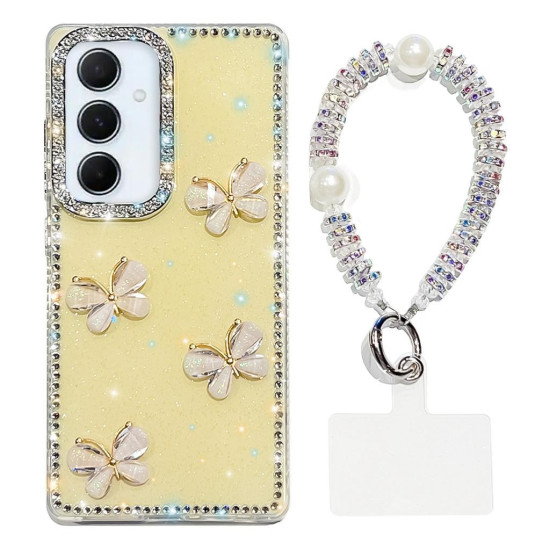 For Samsung Galaxy S24+ 5G Rhinestone Glitter 3D Butterfly Hand Chain Four-Corner Shockproof Phone Case(Light Yellow)