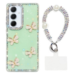For Samsung Galaxy S24+ 5G Rhinestone Glitter 3D Butterfly Hand Chain Four-Corner Shockproof Phone Case(Light Green)