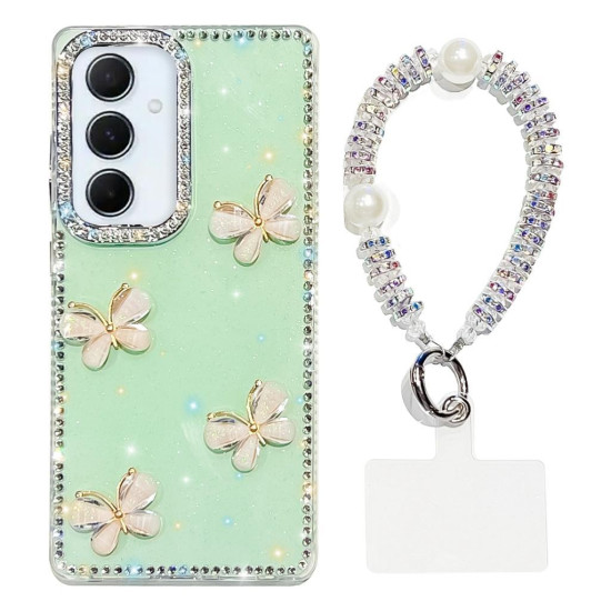 For Samsung Galaxy S24+ 5G Rhinestone Glitter 3D Butterfly Hand Chain Four-Corner Shockproof Phone Case(Light Green)