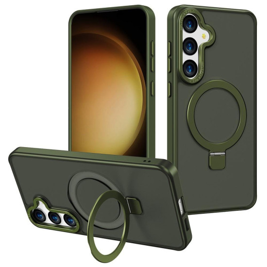 For Samsung Galaxy S24+ 5G Kalebol Metal Frame Frosted MagSafe Holder PC Phone Case(Dark Green)