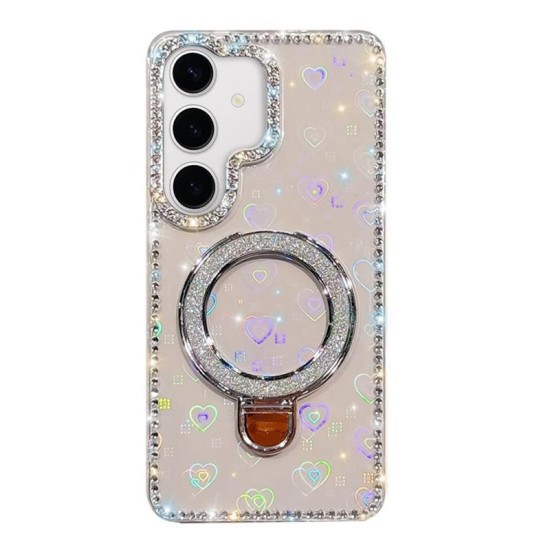 For Samsung Galaxy S24+ 5G Rhinestone Glitter Kickstand Dual-side IMD Phone Case(Heart Transparent)