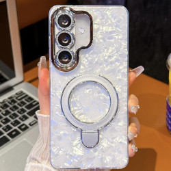 For Samsung Galaxy S24+ 5G Electroplated Glitter Lens Film Texture Magnetic Metal Pivot Holder Shockproof Phone Case(White Shell Pattern)