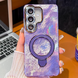 For Samsung Galaxy S24+ 5G Electroplated Glitter Lens Film Texture Magnetic Metal Pivot Holder Shockproof Phone Case(Purple Foil Pattern)