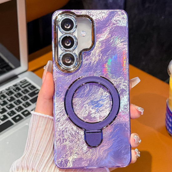 For Samsung Galaxy S24+ 5G Electroplated Glitter Lens Film Texture Magnetic Metal Pivot Holder Shockproof Phone Case(Purple Foil Pattern)