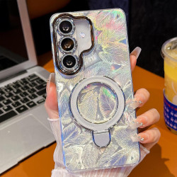 For Samsung Galaxy S24+ 5G Electroplated Glitter Lens Film Texture Magnetic Metal Pivot Holder Shockproof Phone Case(White Feather)