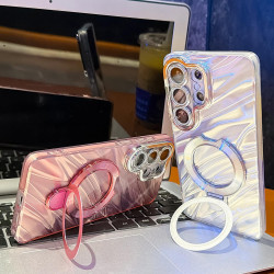 For Samsung Galaxy S24+ 5G Electroplated Glitter Lens Film Texture Magnetic Metal Pivot Holder Shockproof Phone Case(Pink Feather)