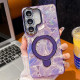 For Samsung Galaxy S24+ 5G Electroplated Glitter Lens Film Texture Magnetic Metal Pivot Holder Shockproof Phone Case(Purple Feather)