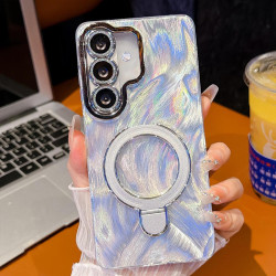 For Samsung Galaxy S24+ 5G Electroplated Glitter Lens Film Texture Magnetic Metal Pivot Holder Shockproof Phone Case(White Feather Yarn)