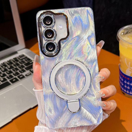 For Samsung Galaxy S24+ 5G Electroplated Glitter Lens Film Texture Magnetic Metal Pivot Holder Shockproof Phone Case(White Feather Yarn)