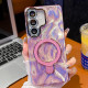 For Samsung Galaxy S24+ 5G Electroplated Glitter Lens Film Texture Magnetic Metal Pivot Holder Shockproof Phone Case(Pink Feather Yarn)