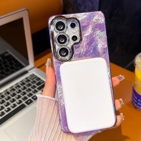 For Samsung Galaxy S24+ 5G Electroplated Glitter Lens Film Texture Magnetic Metal Pivot Holder Shockproof Phone Case(Pink Feather Yarn)