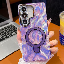 For Samsung Galaxy S24+ 5G Electroplated Glitter Lens Film Texture Magnetic Metal Pivot Holder Shockproof Phone Case(Purple Feather Yarn)