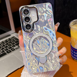 For Samsung Galaxy S24+ 5G Electroplated Glitter Lens Film Texture Magnetic Metal Pivot Holder Shockproof Phone Case(White Pleated Pattern)