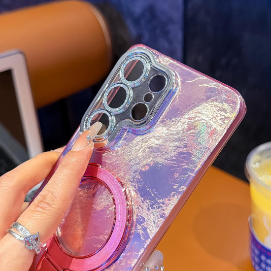 For Samsung Galaxy S24+ 5G Electroplated Glitter Lens Film Texture Magnetic Metal Pivot Holder Shockproof Phone Case(White Pleated Pattern)