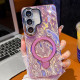 For Samsung Galaxy S24+ 5G Electroplated Glitter Lens Film Texture Magnetic Metal Pivot Holder Shockproof Phone Case(Pink Pleated Pattern)