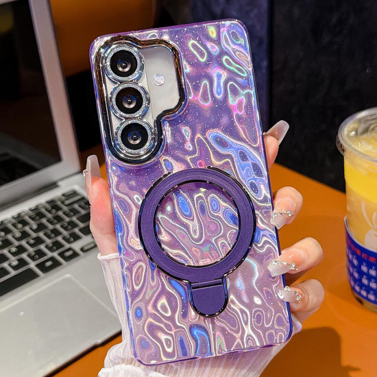 For Samsung Galaxy S24+ 5G Electroplated Glitter Lens Film Texture Magnetic Metal Pivot Holder Shockproof Phone Case(Purple Pleated Pattern)
