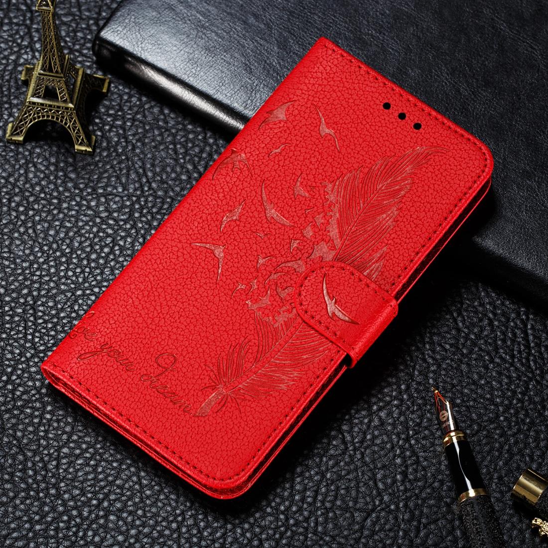 For iPhone SE 2022 / SE 2020 / 8 / 7 Feather Pattern Litchi Texture Horizontal Flip Leather Case with Wallet & Holder & Card Slots(Red)