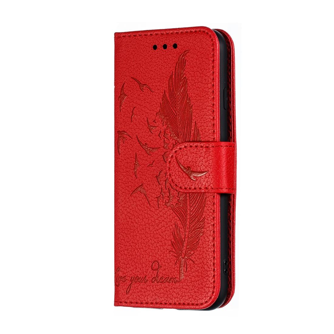For iPhone SE 2022 / SE 2020 / 8 / 7 Feather Pattern Litchi Texture Horizontal Flip Leather Case with Wallet & Holder & Card Slots(Red)