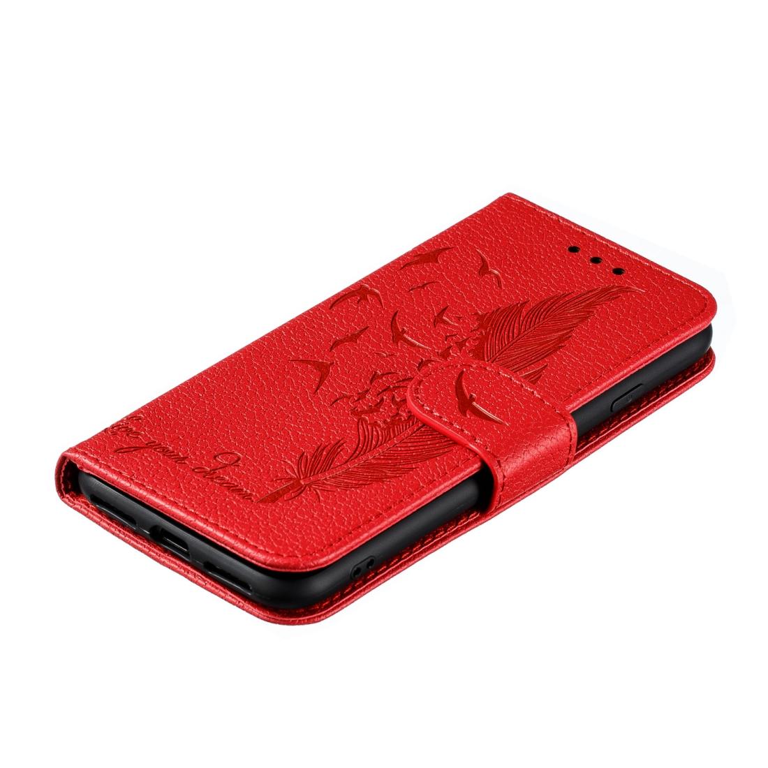 For iPhone SE 2022 / SE 2020 / 8 / 7 Feather Pattern Litchi Texture Horizontal Flip Leather Case with Wallet & Holder & Card Slots(Red)