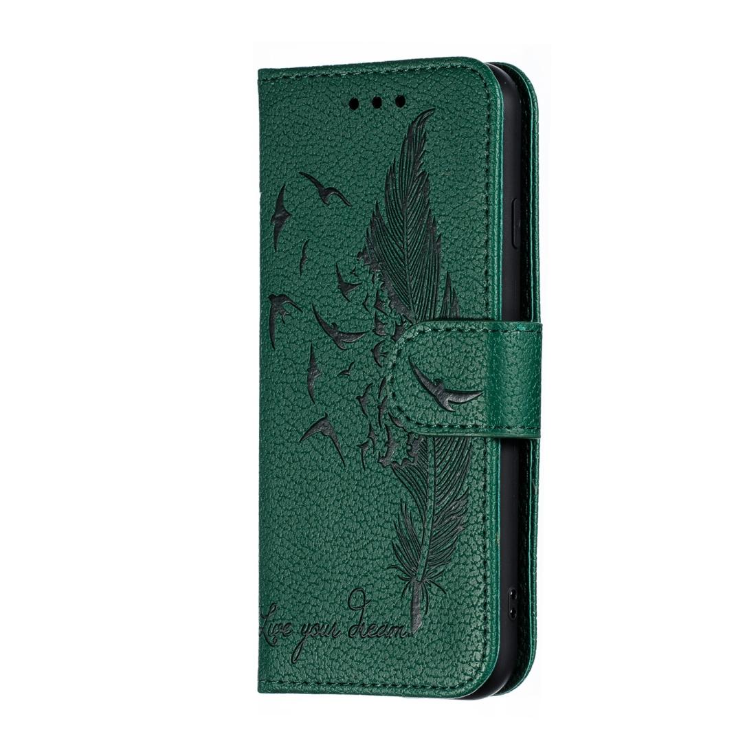 For iPhone SE 2022 / SE 2020 / 8 / 7 Feather Pattern Litchi Texture Horizontal Flip Leather Case with Wallet & Holder & Card Slots(Green)