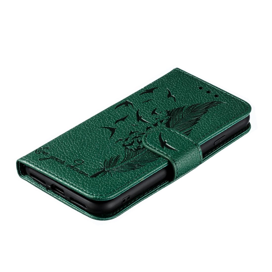 For iPhone SE 2022 / SE 2020 / 8 / 7 Feather Pattern Litchi Texture Horizontal Flip Leather Case with Wallet & Holder & Card Slots(Green)