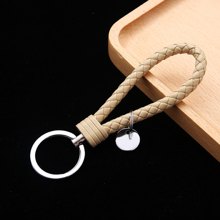 Woven Leather Cord Keychain Car Pendant Leather Key Ring Baotou With Small Round Piece(Khaki)