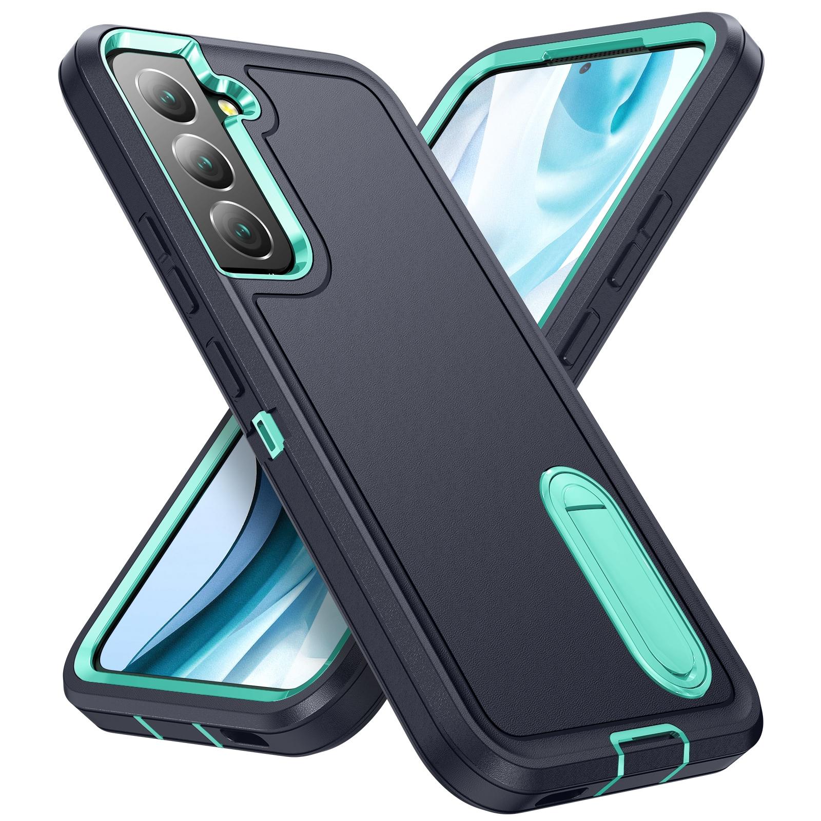 For Samsung Galaxy S23 5G 3 in 1 Rugged Holder Phone Case(Dark Blue+Light Blue)