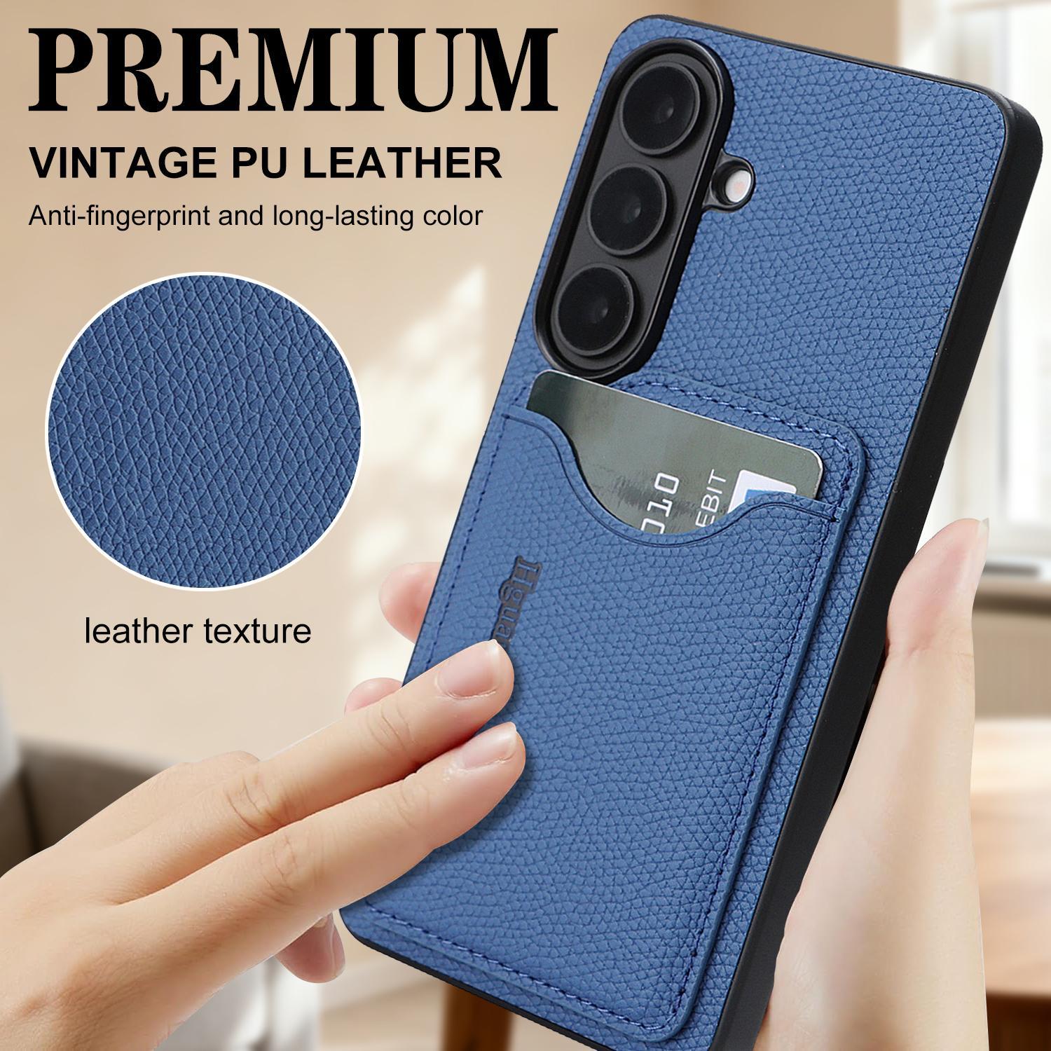 For Samsung Galaxy S24+ 5G Retro Vegan Leather Magnetic Card Holder Back Phone Case(Blue)
