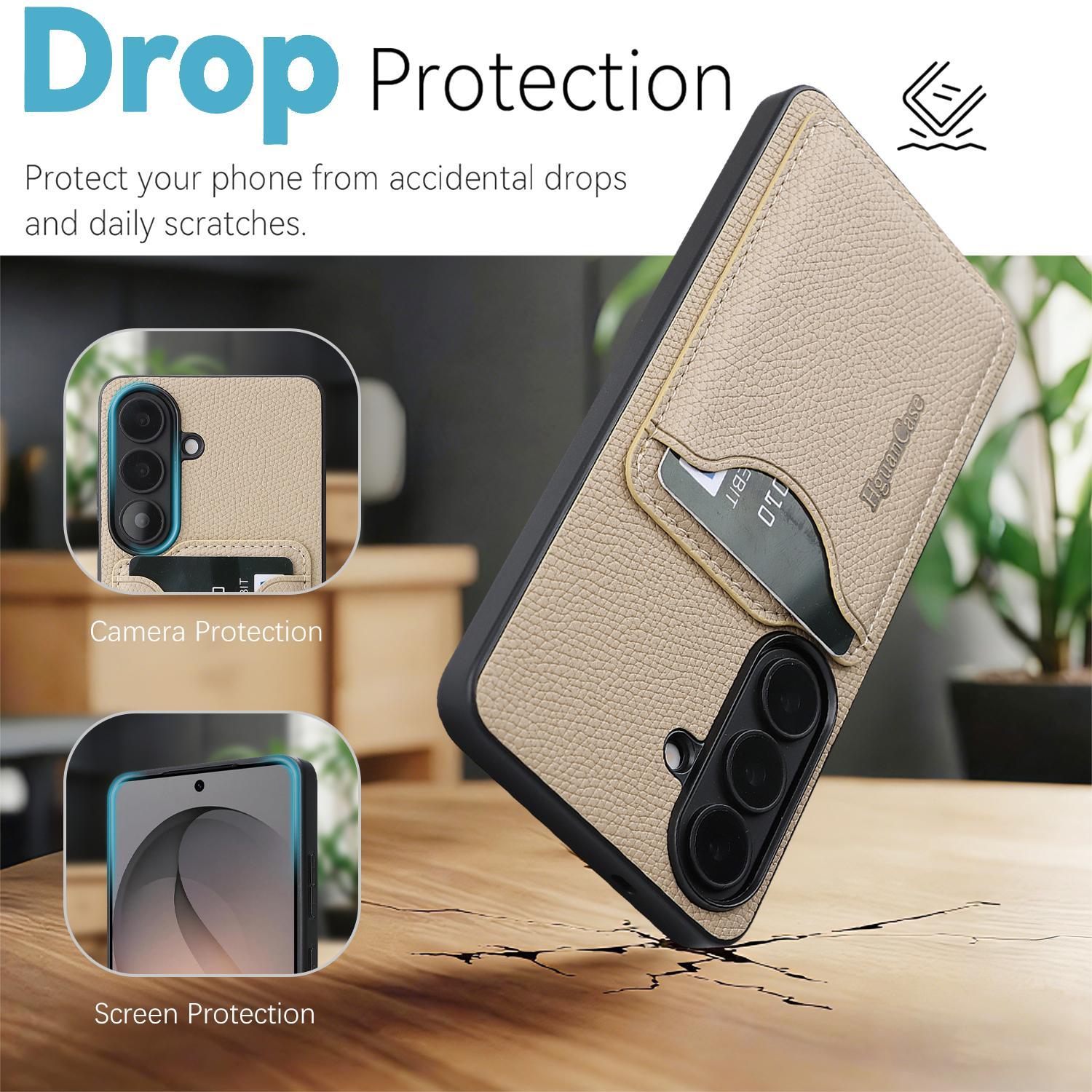 For Samsung Galaxy S23 5G Retro Vegan Leather Magnetic Card Holder Back Phone Case(Beige)