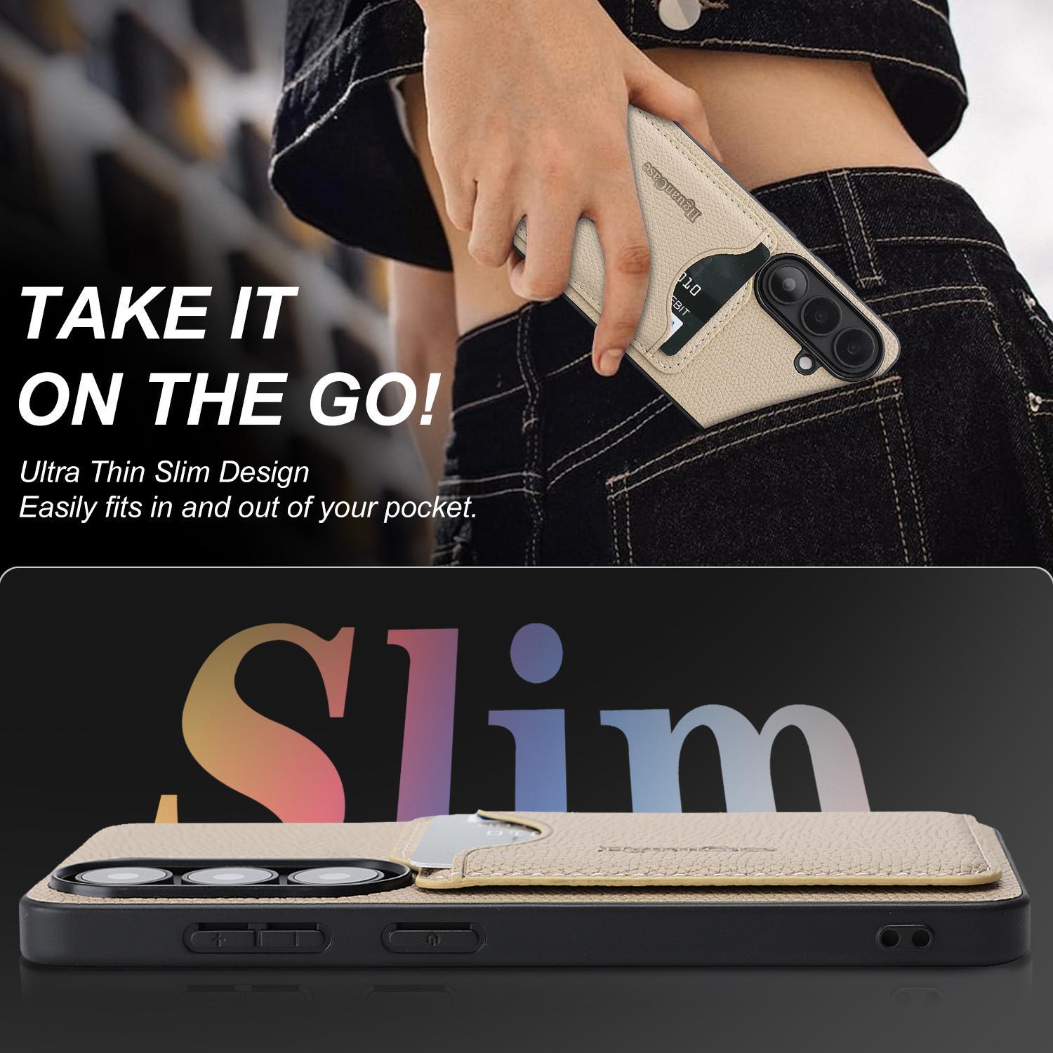 For Samsung Galaxy S23 5G Retro Vegan Leather Magnetic Card Holder Back Phone Case(Beige)