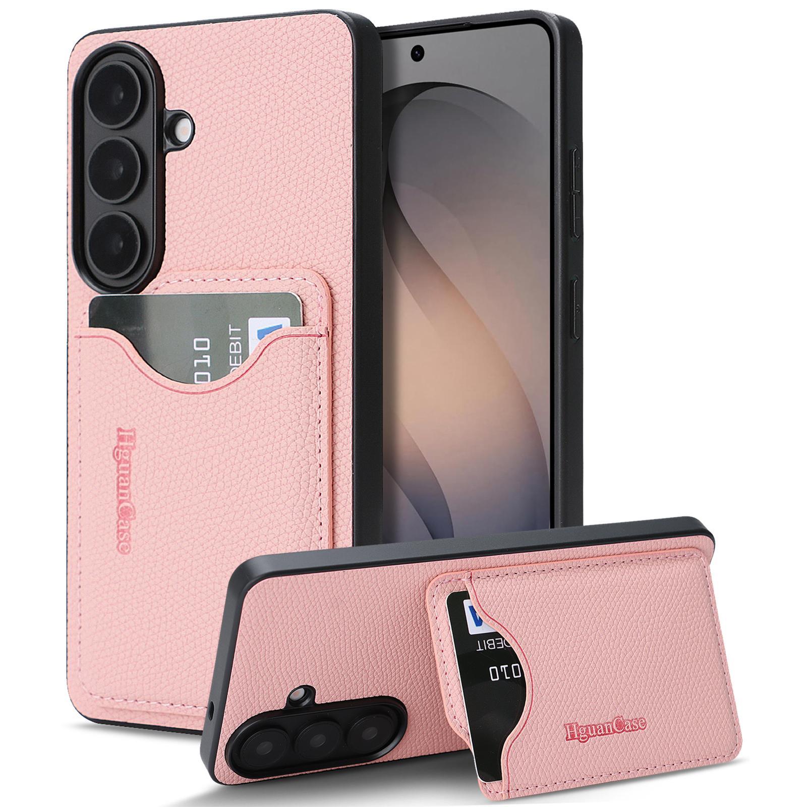 For Samsung Galaxy S23 5G Retro Vegan Leather Magnetic Card Holder Back Phone Case(Pink)