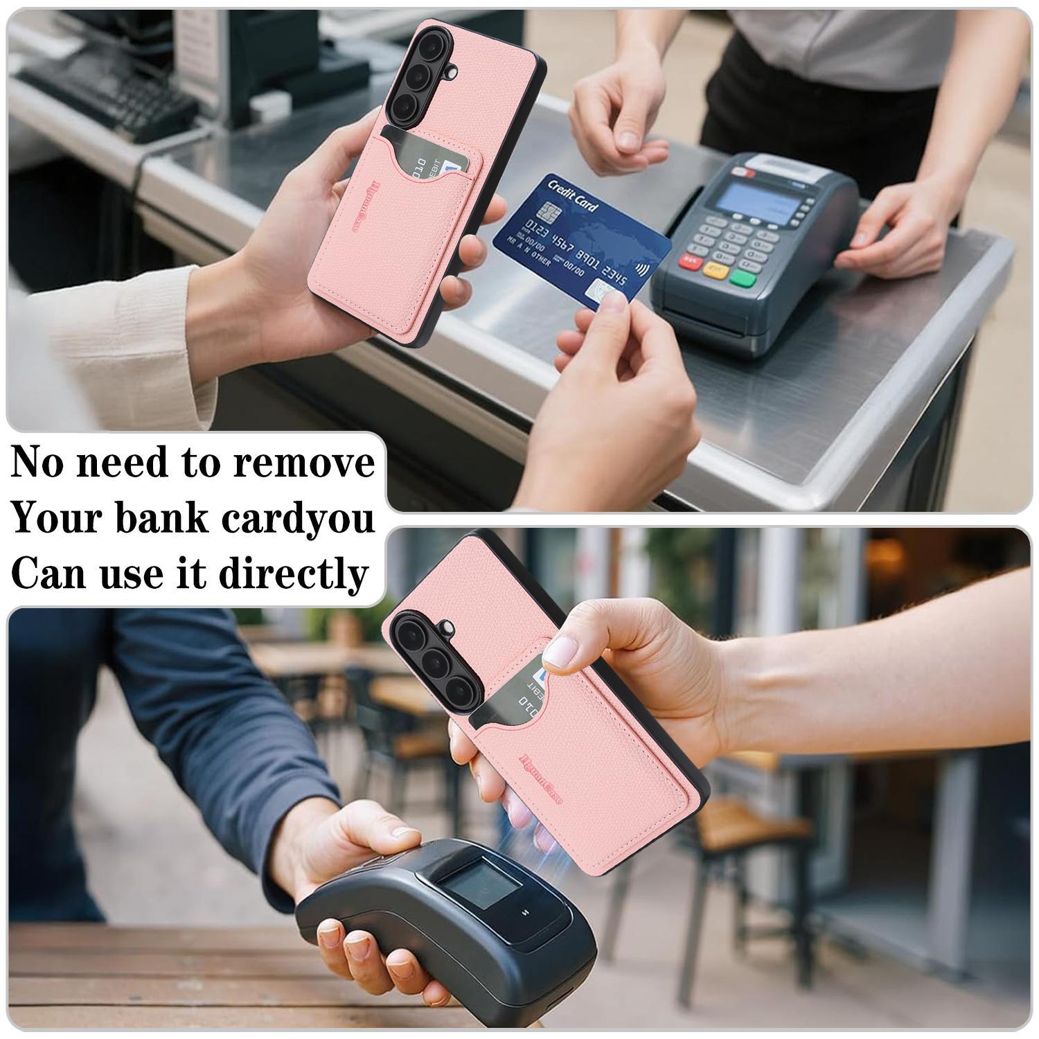 For Samsung Galaxy S23 5G Retro Vegan Leather Magnetic Card Holder Back Phone Case(Pink)